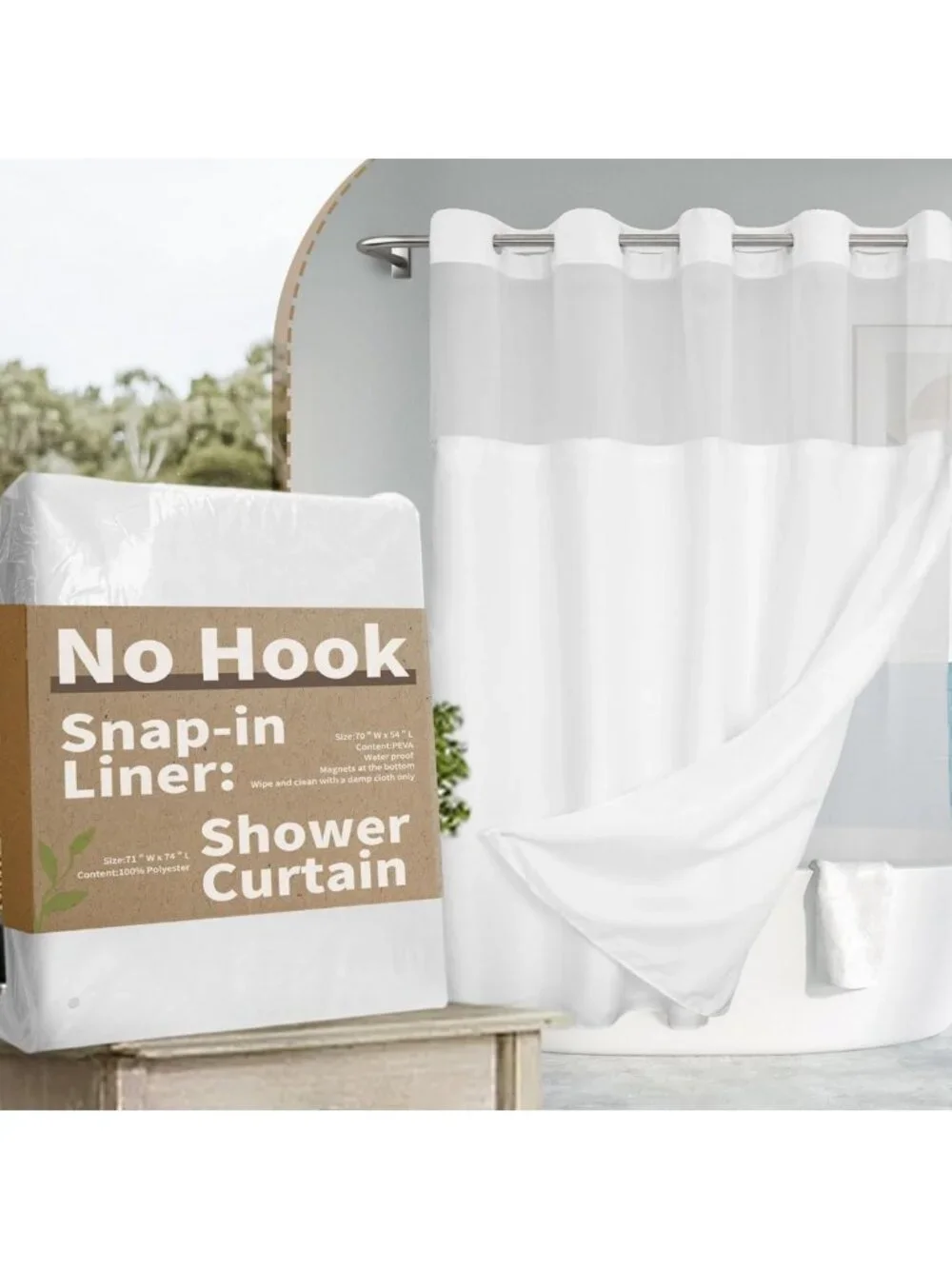Elegant No Hook Shower Curtain Set with Snap-in Liner, White, 71x74 Inches